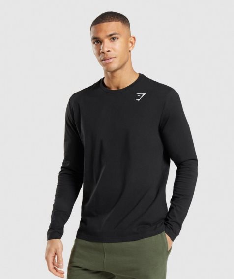 Men's Gymshark Crest Long Sleeve T-Shirts Black | NZ 0KMAWS